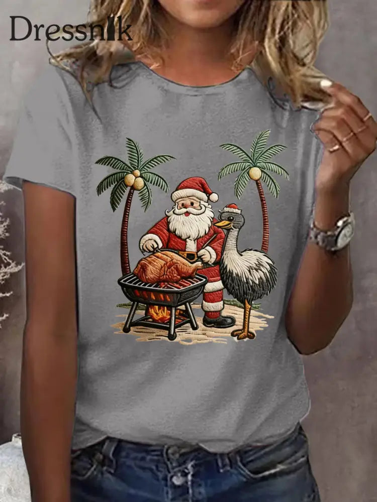 Tropisches Weihnachtsmann-Print-T-Shirt für Damen Hellgrau / S