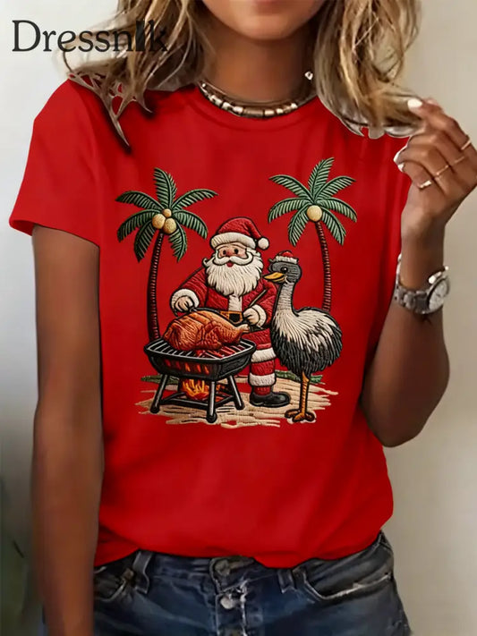 Tropisches Weihnachtsmann-Print-T-Shirt für Damen Rot / S