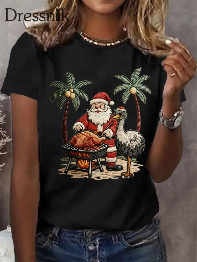 Tropisches Weihnachtsmann-Print-T-Shirt für Damen Schwarz / S