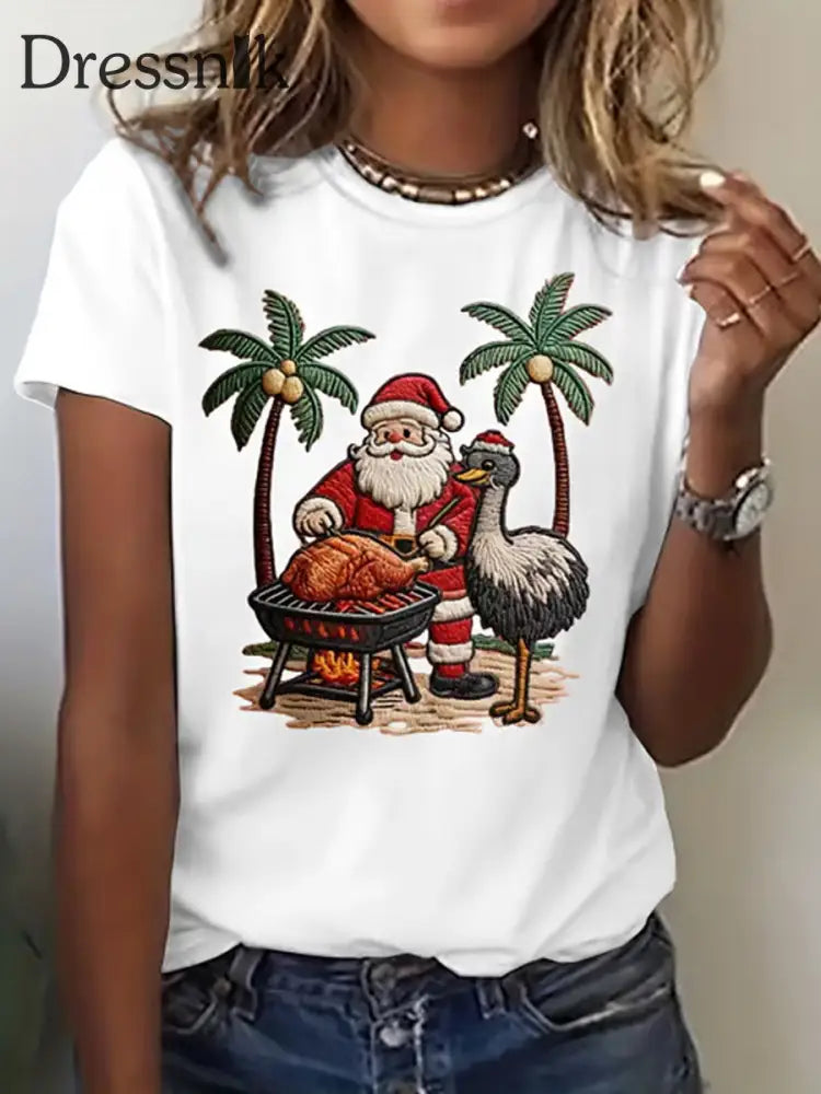 Tropisches Weihnachtsmann-Print-T-Shirt für Damen Weiß / S