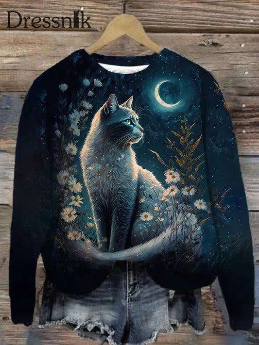 Unisex Blumen Katze Kunst Abstrakter Druck Sweatshirt Marineblau / S