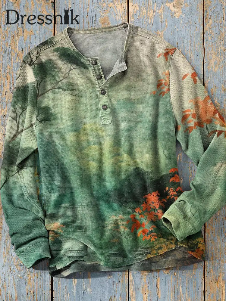 Unisex einfache Retro Western bunte Kunst Druck Langarm Mode Henley Hemd A / S