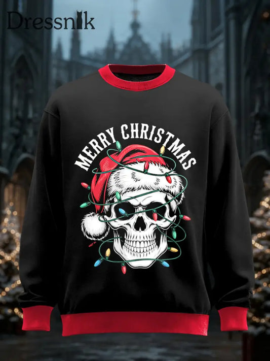 Unisex Gothic Weihnachts bedrucktes Rundhals-Sweatshirt mit langen Ärmeln Schwarz / S
