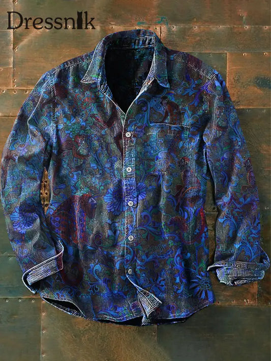 Unisex Herren Vintage Floral Rosa Blume Abstrakt Print Lässiges Langärmliges Hemd Blau / S