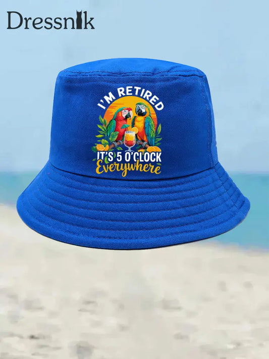 Unisex Ich bin im Ruhestand Es ist 5 Uhr Irgendwo Papagei Print Bucket Hat Blau / JM