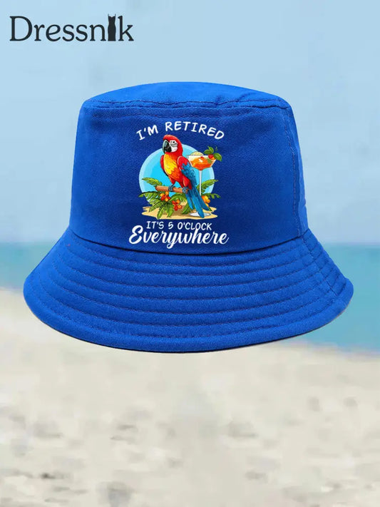 Unisex Ich bin im Ruhestand Es ist 5 Uhr Irgendwo Papagei Print Bucket Hat Blau / JM