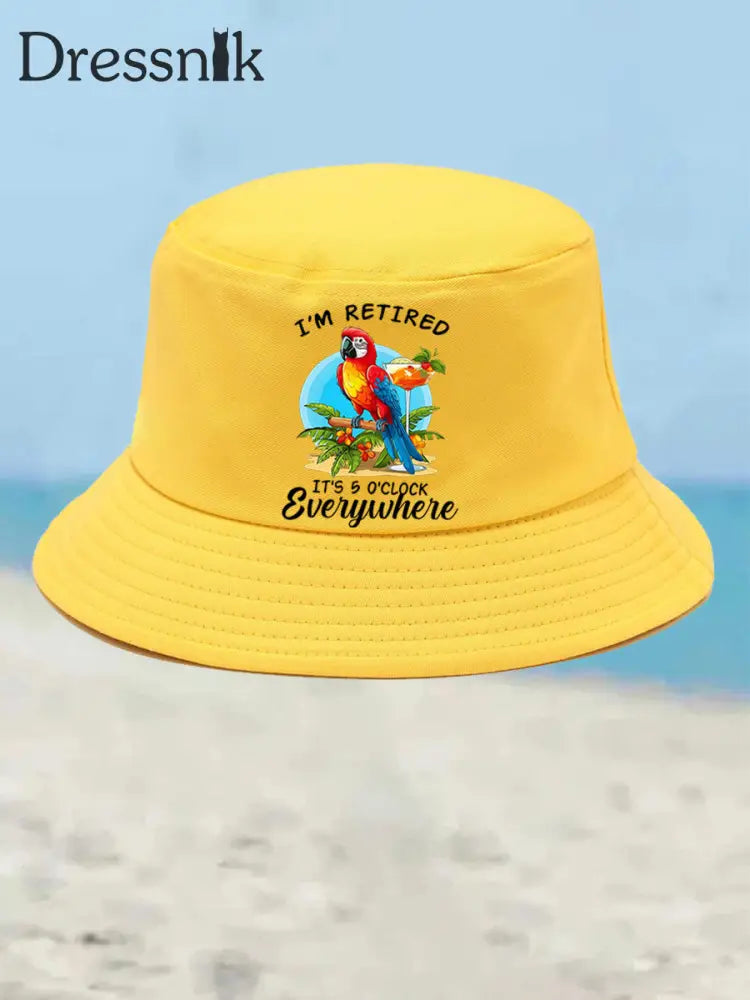Unisex Ich bin im Ruhestand Es ist 5 Uhr Irgendwo Papagei Print Bucket Hat Gelb / JM