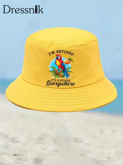 Unisex Ich bin im Ruhestand Es ist 5 Uhr Irgendwo Papagei Print Bucket Hat Gelb / JM