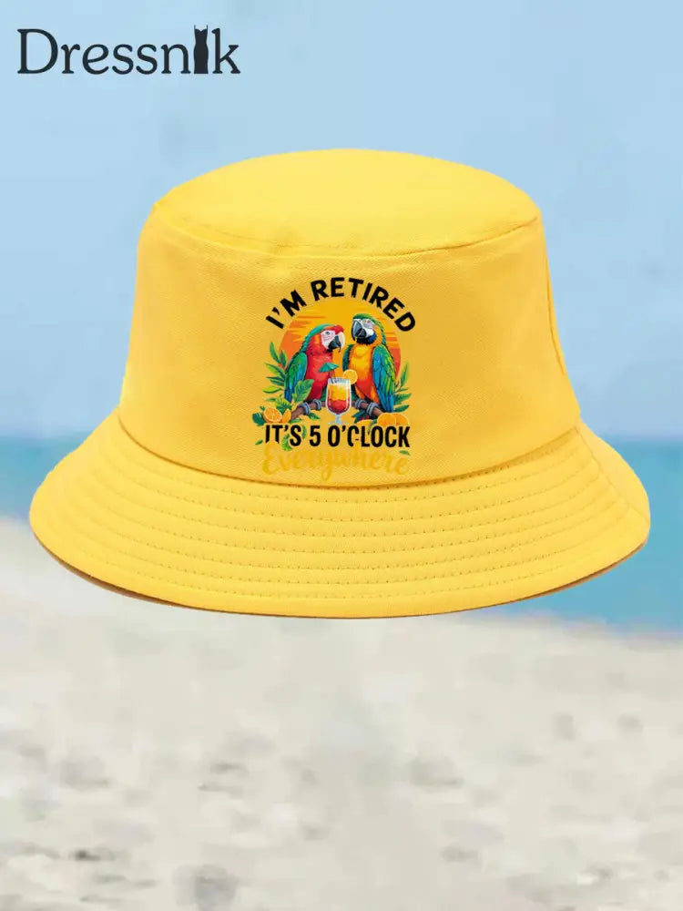 Unisex Ich bin im Ruhestand Es ist 5 Uhr Irgendwo Papagei Print Bucket Hat Gelb / JM