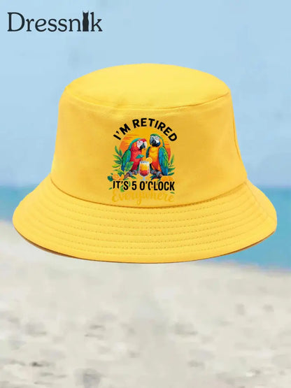 Unisex Ich bin im Ruhestand Es ist 5 Uhr Irgendwo Papagei Print Bucket Hat Gelb / JM