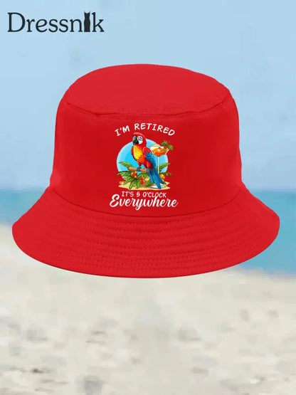 Unisex Ich bin im Ruhestand Es ist 5 Uhr Irgendwo Papagei Print Bucket Hat Rot / JM