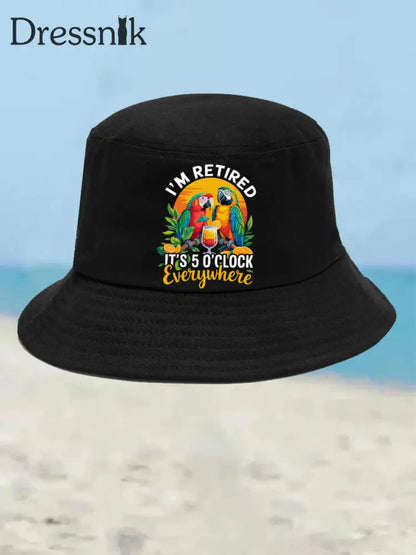 Unisex Ich bin im Ruhestand Es ist 5 Uhr Irgendwo Papagei Print Bucket Hat Schwarz / JM