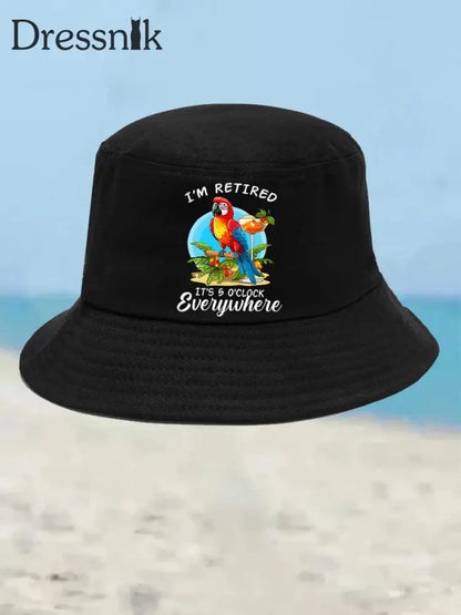 Unisex Ich bin im Ruhestand Es ist 5 Uhr Irgendwo Papagei Print Bucket Hat Schwarz / JM