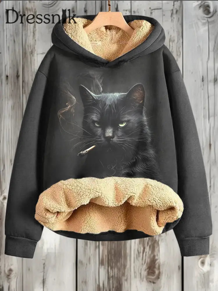 Unisex Lustige Katze Print Kapuzen-Fleece-Sweatshirt