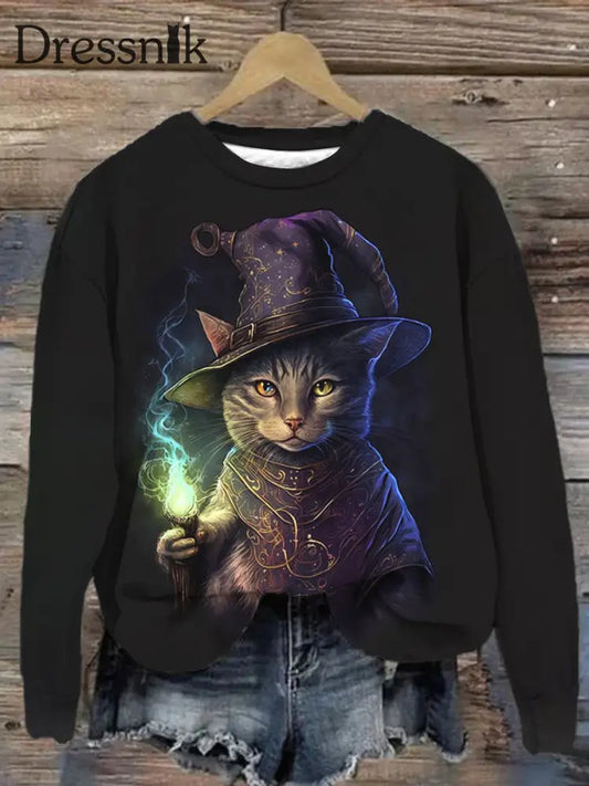 Unisex Magic Cat Art Sweatshirt Mit Abstraktem Druck Schwarz / S