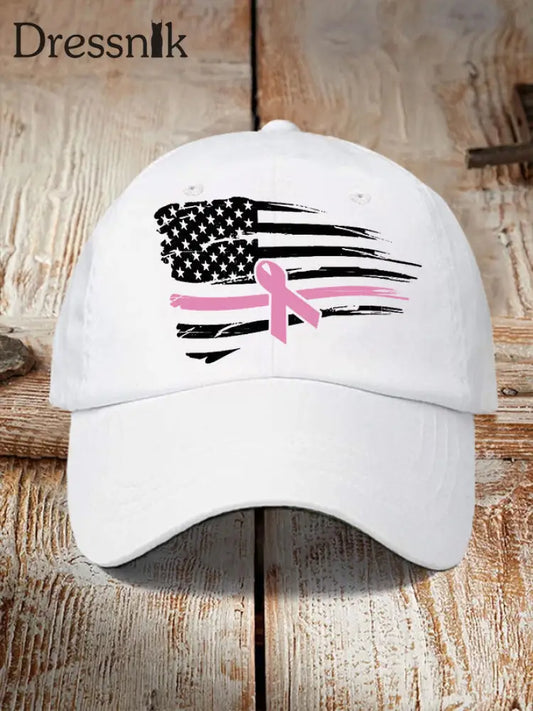 Unisex Pink Ribbon Amerikanische Flagge Brustkrebs Sensi bilisierung Hut Weiß / JM