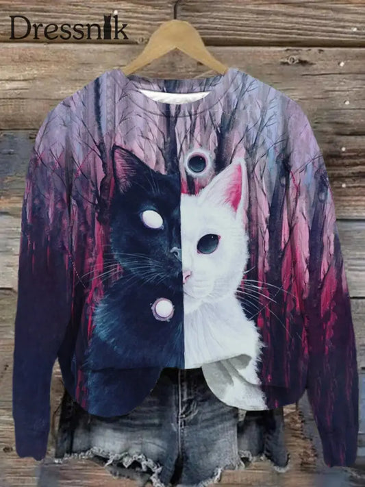 Unisex Schwarz-Weiß Katze Abstrakt Print Sweatshirt Lila / S