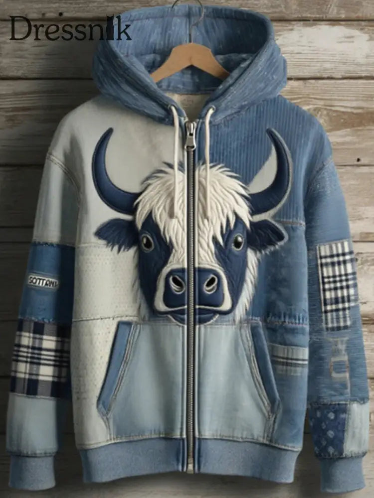 Unisex Süße schottische Highland Kuh Langarm Reiß verschluss Denim Panel Übergroßer Hoodie als bild / S