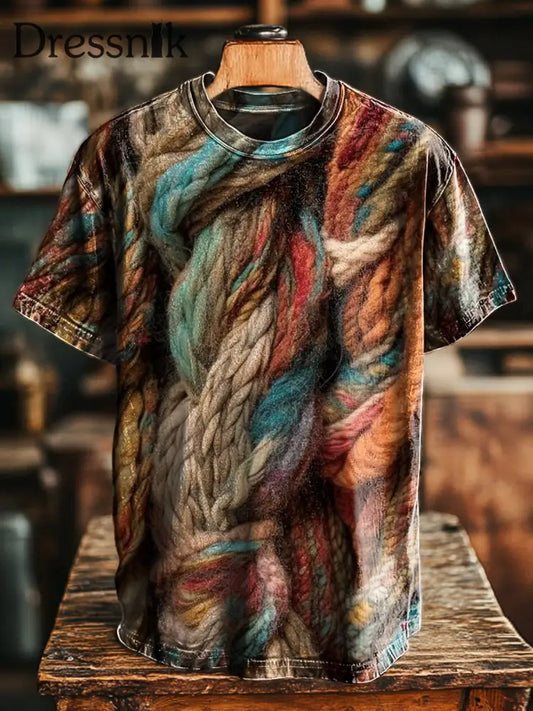 Unisex Vintage abstrakte Wolle strukturierter Druck lässig lose T-Shirt bunt / S