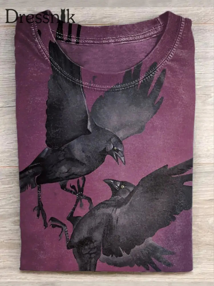 Unisex Vintage Dark Crow Art Print Rundhals Kurzarm T-Shirt Bunt / S