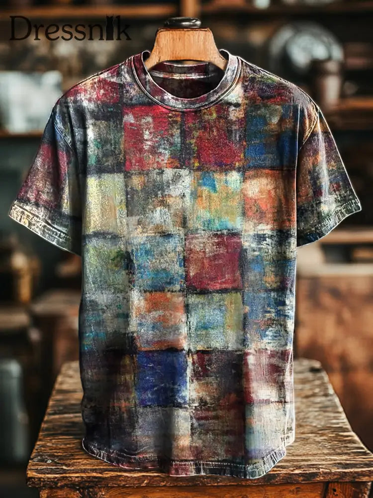 Unisex Vintage gealtetes geometrisches Kunstdruck lässig lose T-Shirt bunt / S