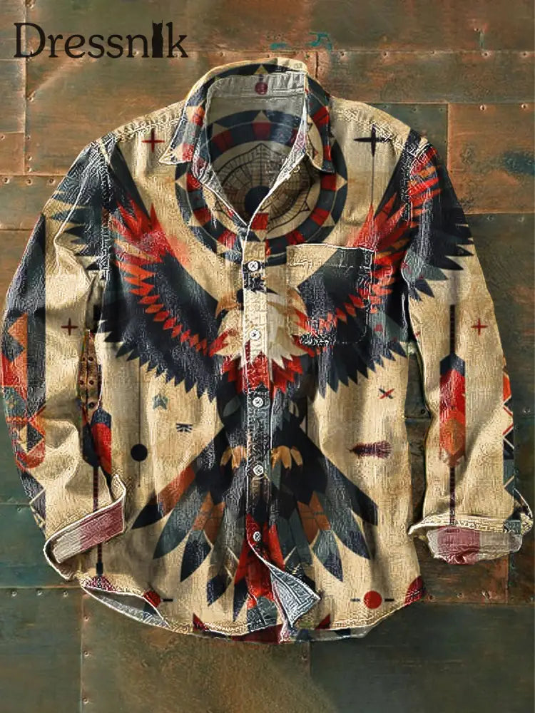 Unisex Vintage Western Eagle Kunstdruck Revers Langarm Taschen Hemd Bunt / S