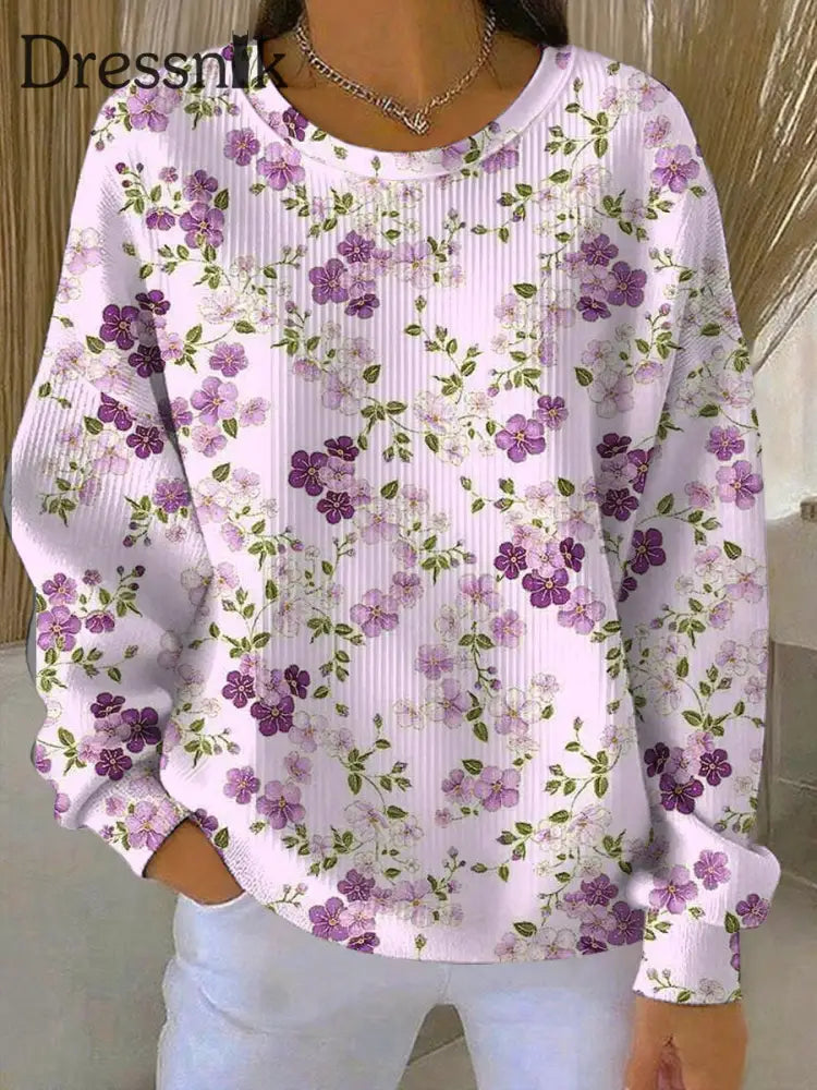 Verdickte Sweatshirt mit lässiger lila Blumen textur für Damen Lila / S