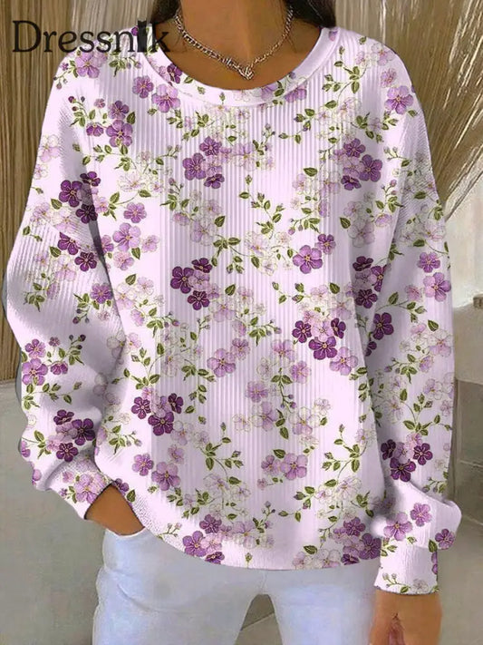Verdickte Sweatshirt mit lässiger lila Blumen textur für Damen Lila / S