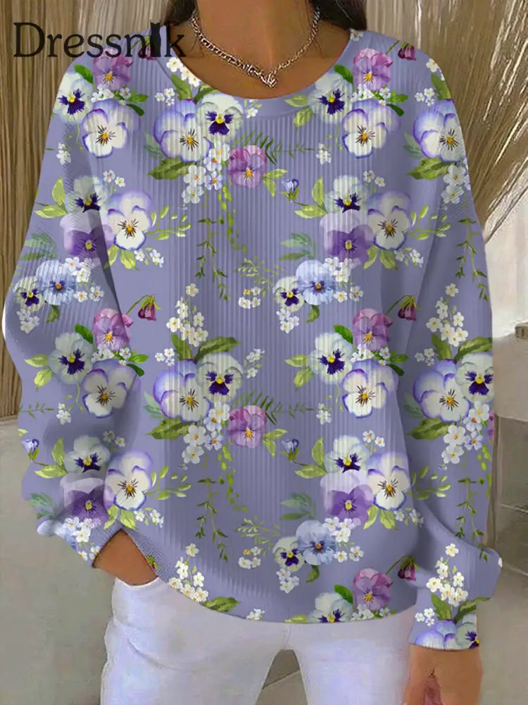 Verdickte Sweatshirt mit lässiger lila Blumen textur für Damen Lila / S