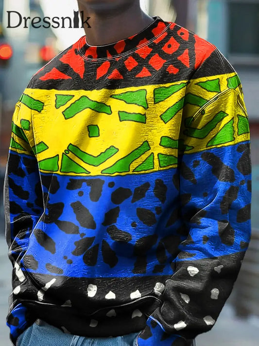 Vintage Afrikanisches Mehrfarbiges Geometrisches Farbblock-Kunstdruck-Sweatshirt Mit Rundhals