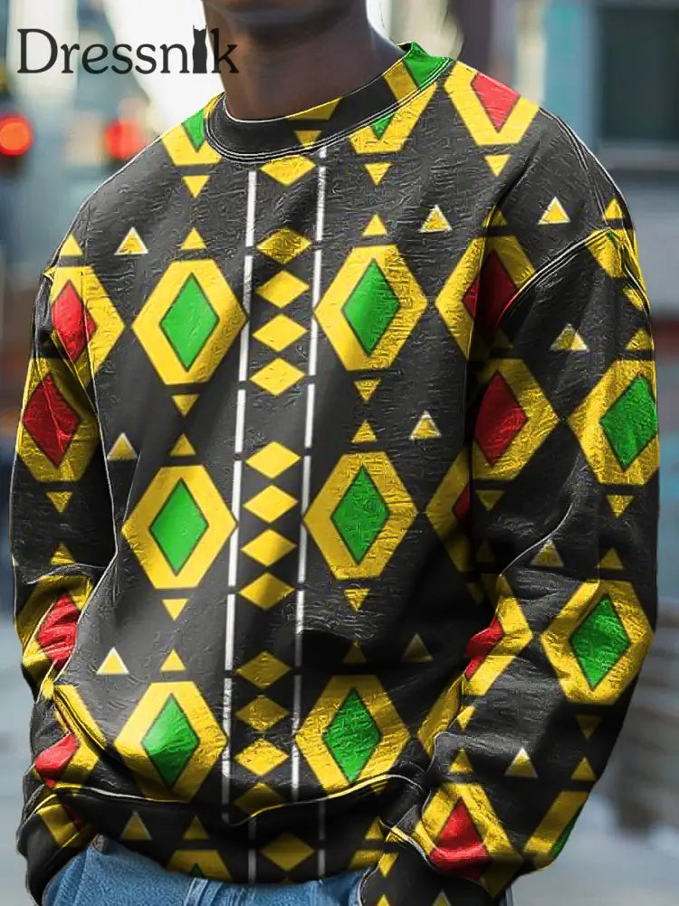 Vintage Afrikanisches Mehrfarbiges Geometrisches Kunstdruck-Sweatshirt Mit Rundhals Ausschnitt Bunt