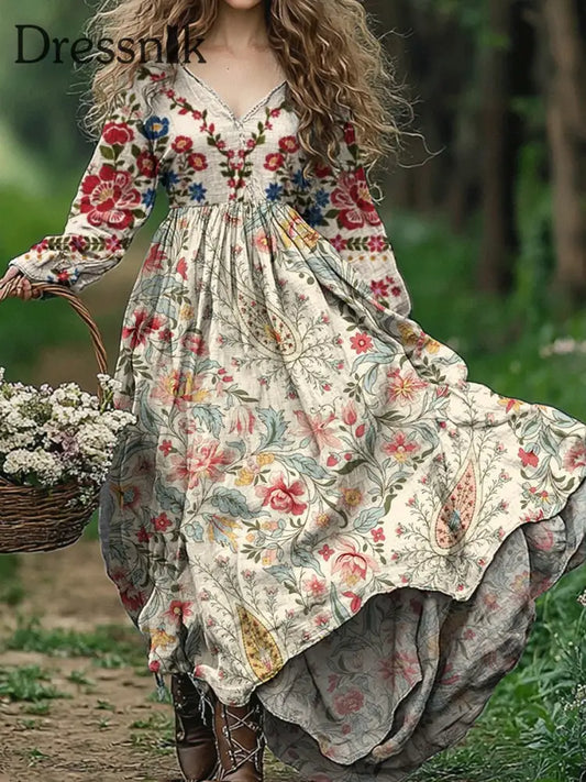 Vintage Blumen Kunst Bedruckte V-Ausschnitt Elegantes Schickes Langes Langärmliges Midi-Kleid A / S