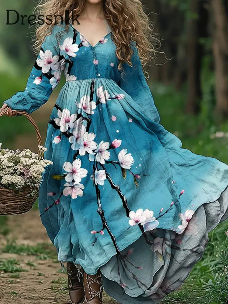 Vintage Blumen Kunst Bedruckte V-Ausschnitt Elegantes Schickes Langes Langärmliges Midi-Kleid A / S