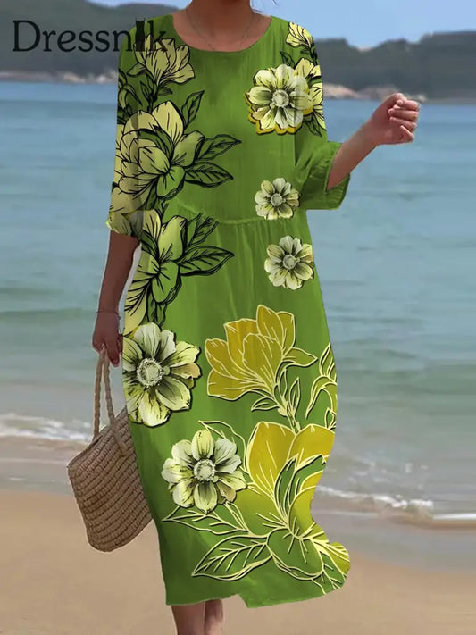 Vintage Blumen Kunst Druck Chic V Cou Bohème Élégante Robe Midi A / S