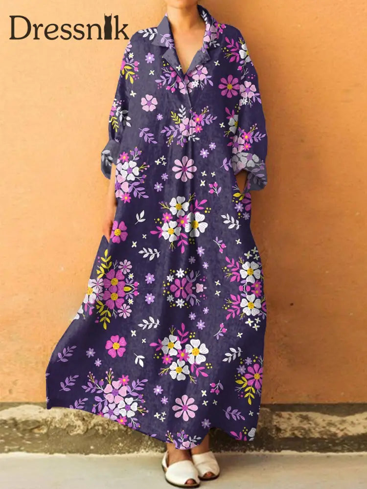 Vintage Blumen kunst druck V-Ausschnitt Taschen kleid als bild / S