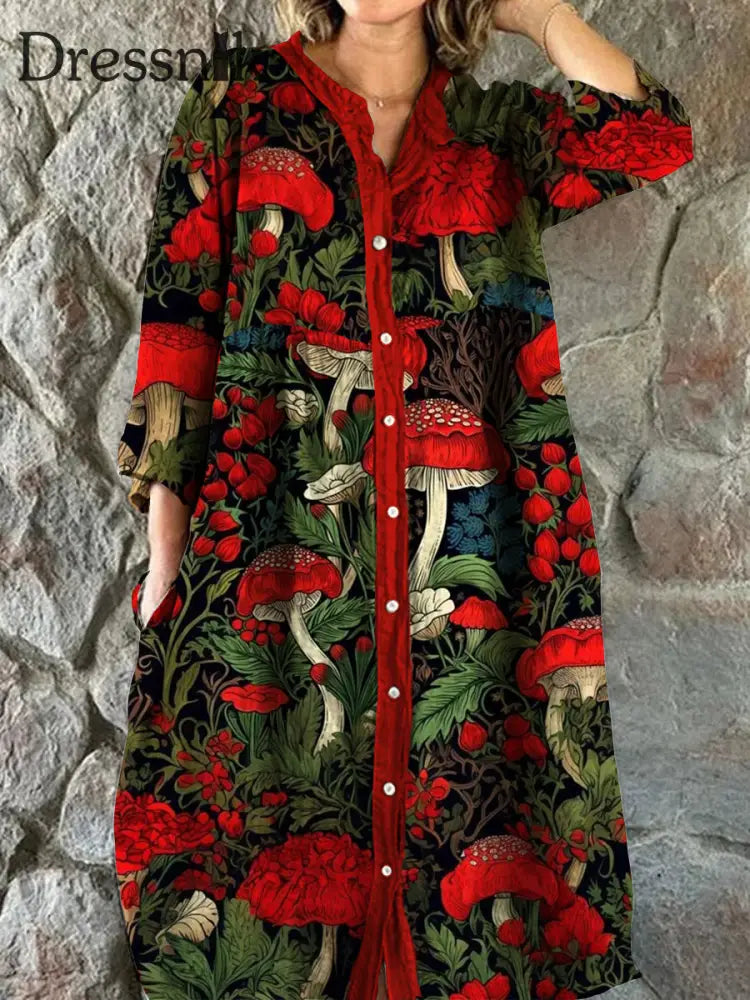 Vintage böhmischer Pilz Blumen kunst druck Chic V-Ausschnitt Dreiviertel-Ärmel Knopf Elegantes Midi-Kleid A / S
