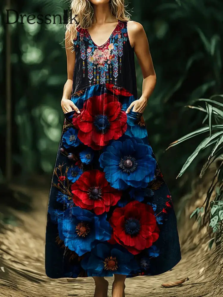 Vintage böhmisches Midi-Kleid mit Blumen druck ärmel los A / S