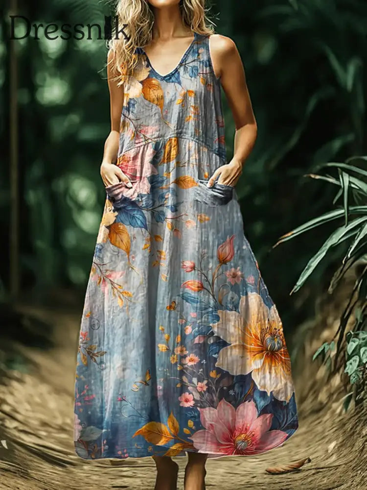 Vintage böhmisches Midi-Kleid mit Blumen druck ärmel los A / S