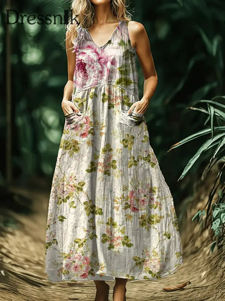 Vintage böhmisches Midi-Kleid mit Blumen druck ärmel los A / S