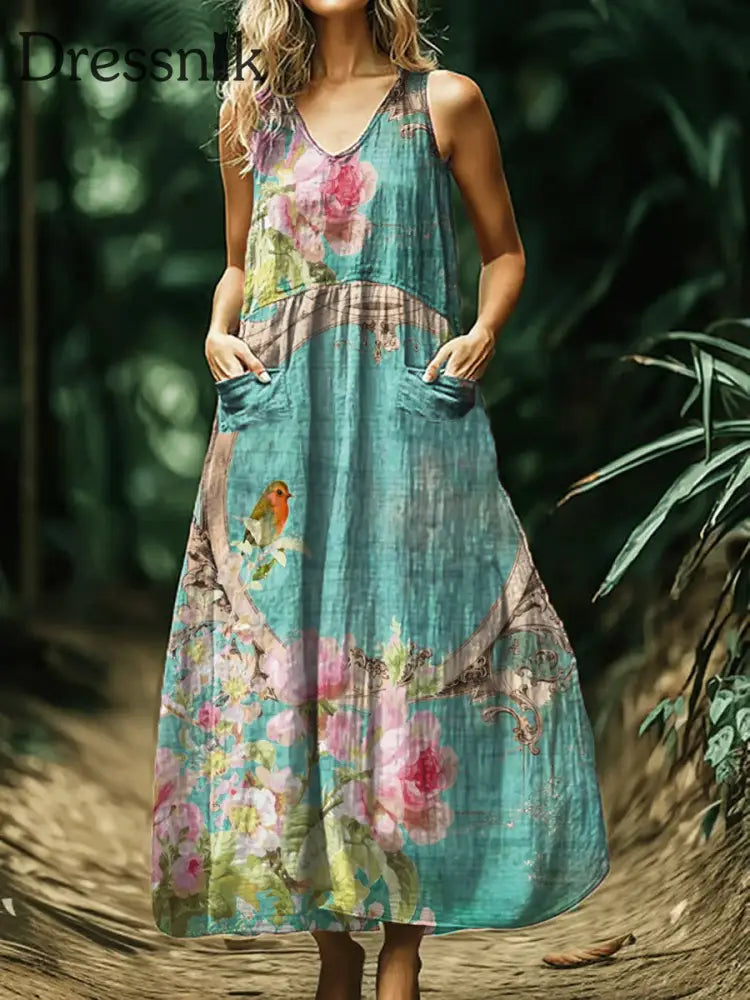 Vintage böhmisches Midi-Kleid mit Blumen druck ärmel los A / S