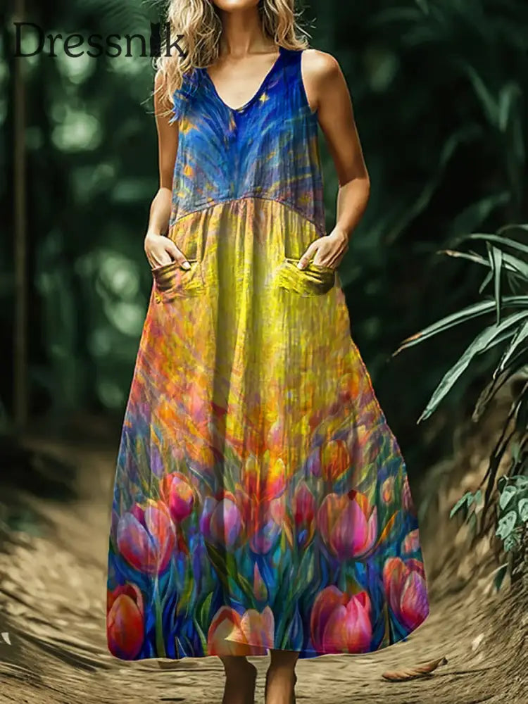 Vintage böhmisches Midi-Kleid mit Blumen druck ärmel los A / S