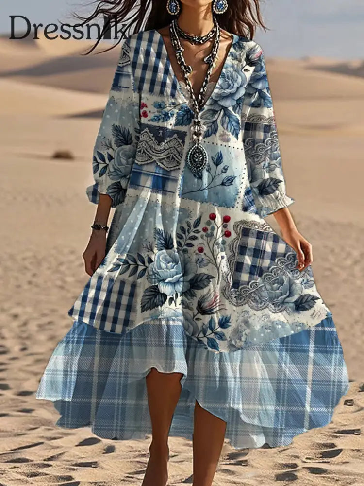 Vintage böhmisches V-förmiges Kleid mit Blumen kunst lässiges elegantes Mode-Doppel kleid A / S
