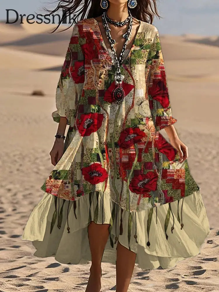 Vintage böhmisches V-förmiges Kleid mit Blumen kunst lässiges elegantes Mode-Doppel kleid A / S