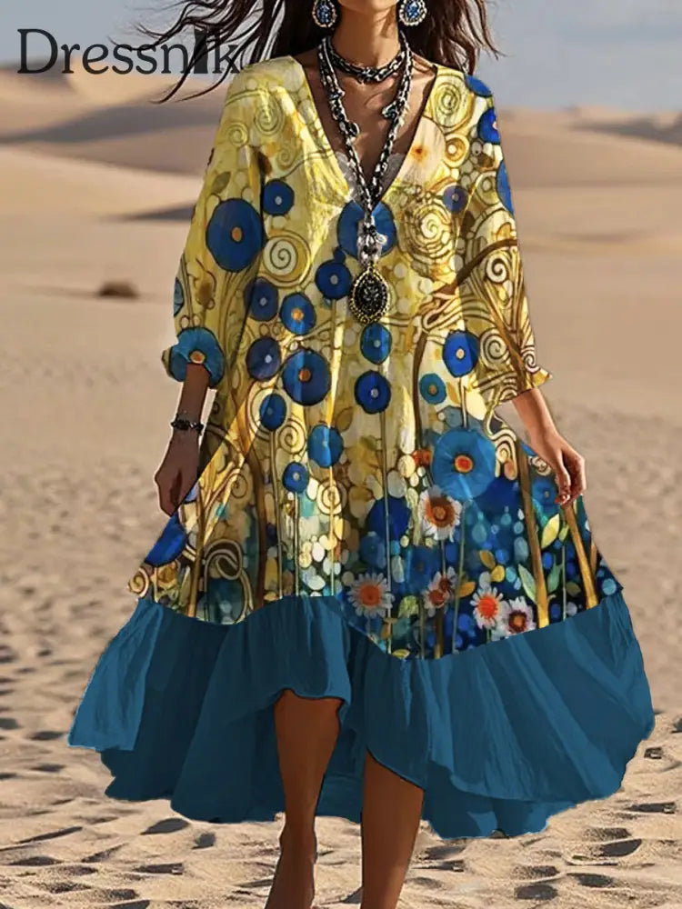 Vintage böhmisches V-förmiges Kleid mit Blumen kunst lässiges elegantes Mode-Doppel kleid A / S
