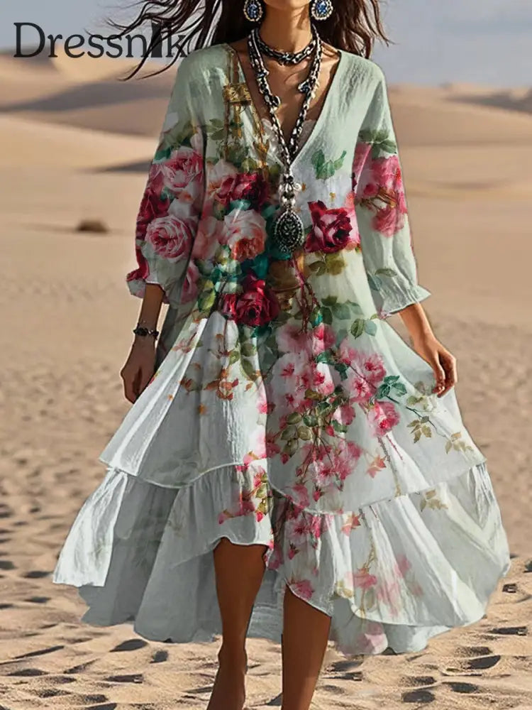 Vintage böhmisches V-förmiges Kleid mit Blumen kunst lässiges elegantes Mode-Doppel kleid A / S