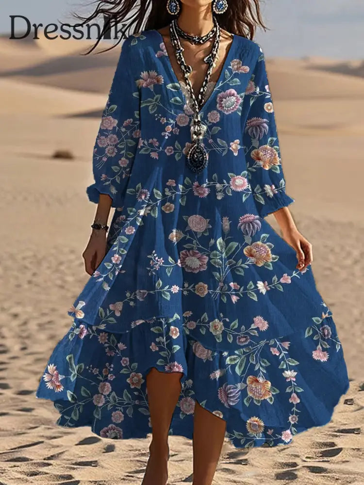 Vintage böhmisches V-förmiges Kleid mit Blumen kunst lässiges elegantes Mode-Doppel kleid A / S