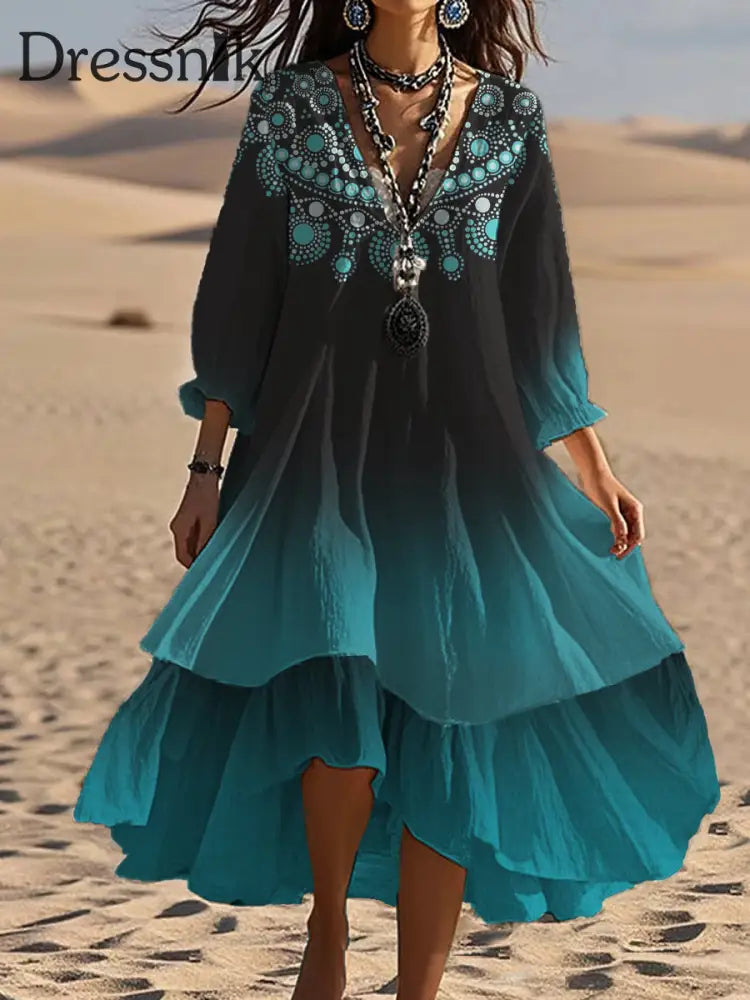 Vintage böhmisches V-förmiges Kleid mit Blumen kunst lässiges elegantes Mode-Doppel kleid A / S