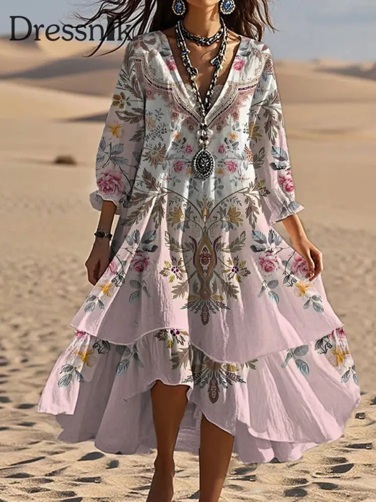 Vintage böhmisches V-förmiges Kleid mit Blumen kunst lässiges elegantes Mode-Doppel kleid A / S