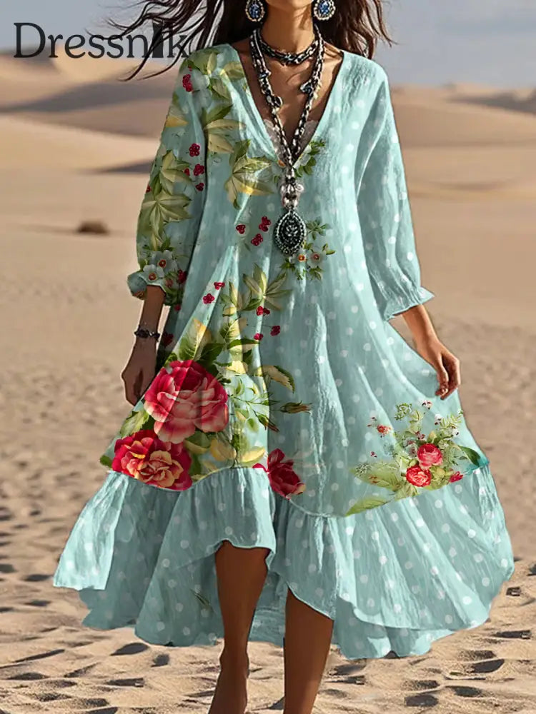 Vintage böhmisches V-förmiges Kleid mit Blumen kunst lässiges elegantes Mode-Doppel kleid A / S