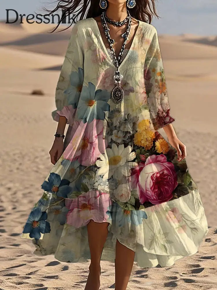 Vintage böhmisches V-förmiges Kleid mit Blumen kunst lässiges elegantes Mode-Doppel kleid A / S